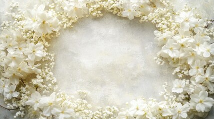 Delicate white flowers form a circular frame on a light background.