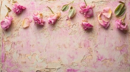 Faded pink roses and petals on a textured backdrop.