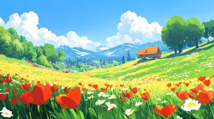 Vibrant spring scenery, captivating meadow landscape, adorned with a house surrounded by blooming poppy flowers