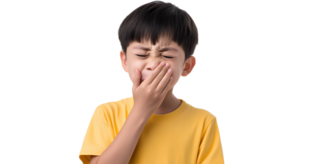 A little girl smiling, wearing a white t-shirt, isolated on  A young Asian boy sneezing with his hand covering his mouth, transparent background PNG file. 