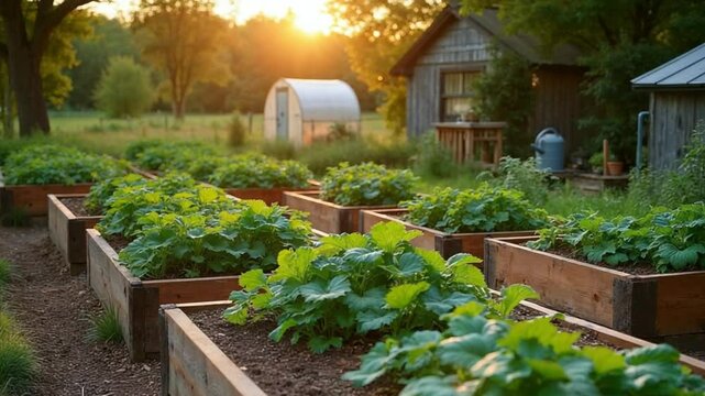 A tranquil vegetable garden flourishes under the warm embrace of the sun, showcasing an abundant display of vibrant green plants. The image embodies the harmony between nature and cultivation.