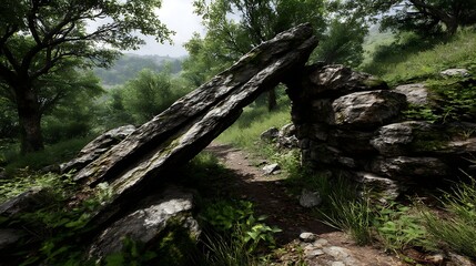 Fototapeta premium A weathered stone archway amidst lush greenery and a winding path.