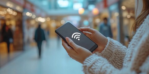 A woman is holding a cell phone with a wifi symbol on it