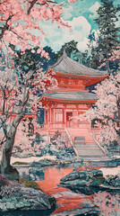 Fototapeta premium Serene Japanese Architecture Amidst Cherry Blossoms: A Tranquil Scene with Pagoda and Vibrant Colors in a Historic Zen Garden