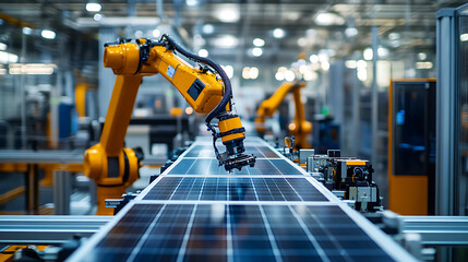 A mechatronics expert creating robotic arms for automating assembly of hybrid electric car engines, automotive facility with robotic arms assembling engine blocks, pistons