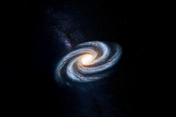 Spiral galaxy and stars in the blackness of space.