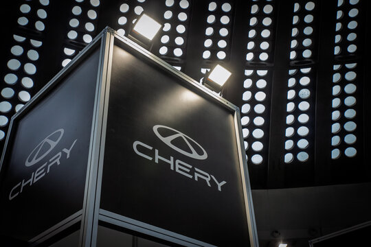 BELGRADE, SERBIA - MARCH 21, 2025: Chery logo at their car dealership stand in Belgrade. Chery Automobile is a chinese car and automotive manufacturer.