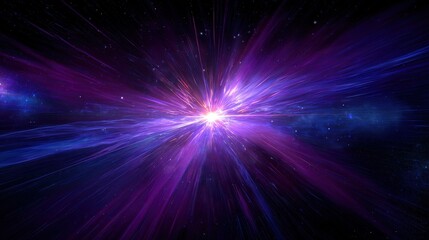 Obraz premium A vibrant cosmic scene depicting a burst of light in a dark, star-filled space, showcasing swirling colors of purple and blue.