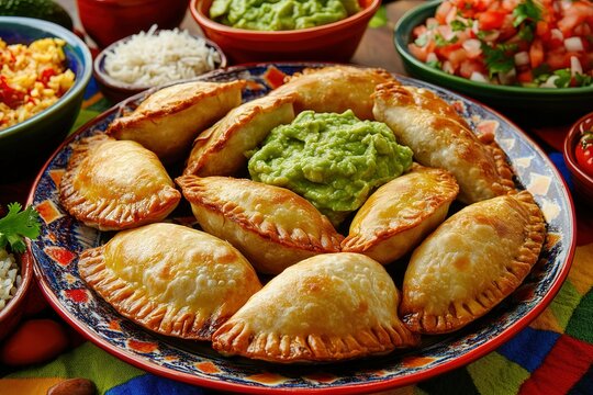 A colorful plate of empanadas with guacamole, queso fresco (fresh cheese), and fresh avocados on the side, surrounded by various Mexican dishes including salsas, rice, and beans,
