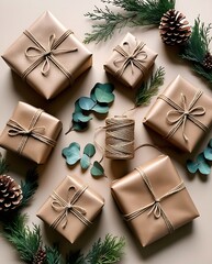 Elegant gift boxes wrapped in kraft paper with twine, surrounded by pinecones and green foliage on beige background, showcasing eco-friendly holiday packaging style

