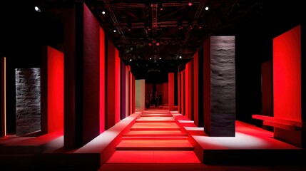 Fototapeta premium A striking interior space featuring red and textured columns, illuminated by dramatic lighting that creates a captivating visual effect.