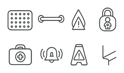 Home safety outline icons set – linear style protection, security, and emergency symbols for family well-being: shower mat, grab bar, warning triangle, child lock, first aid kit, alarm bell, caution