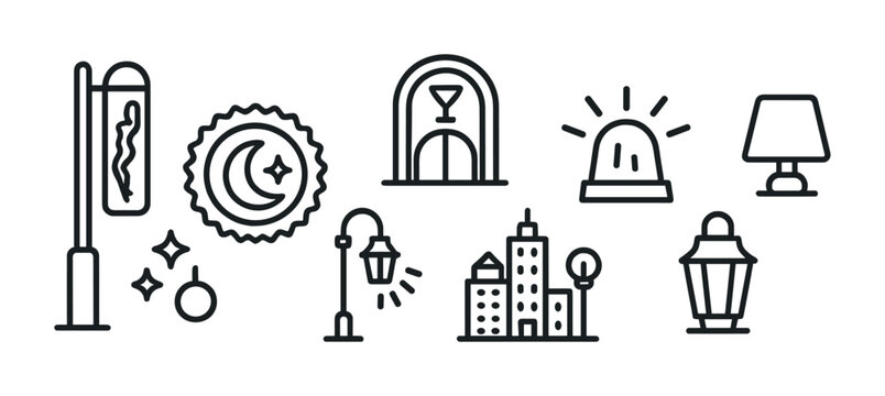 Urban nightlife line icons set – outline style for evening city vibes, night scenes, and street life designs: lamp post, cocktail, cityscape, moon, lantern, siren, streetlight, lamp