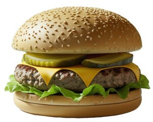 Juicy Cheeseburger with LettucePickles & Sesame Bun 3D Food Render