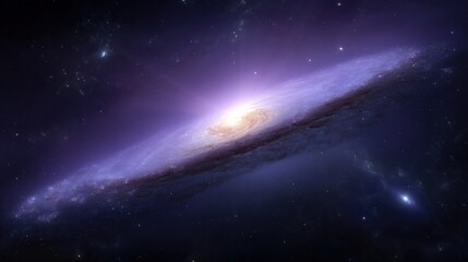Fototapeta premium A stunning view of a spiral galaxy, showcasing vibrant purple hues and bright core, set against the vastness of space.
