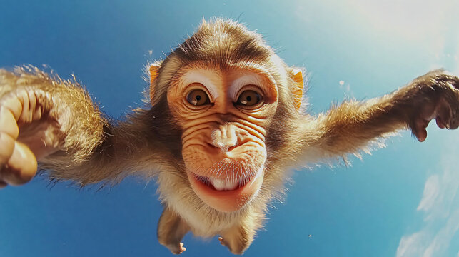 Funny monkey selfie midair arms stretched toward camera blue sky background realistic wildlife humor photo with expressive face showing teeth playful animal taking selfie in tropical daylight scene