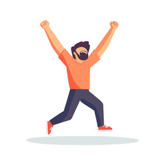 Victorious Man in Orange Jumps with Arms Raised in Joyful Celebration