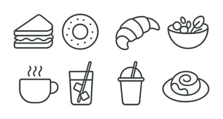 Breakfast and snack outline icons set – linear style morning meal, brunch, and cafe symbols for food lovers: sandwich, donut, croissant, cereal bowl, coffee, juice, soda, pastry.