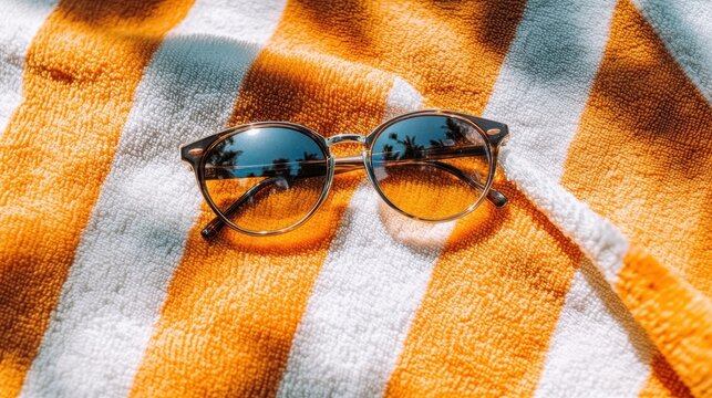 Stylish sunglasses resting on a striped beach towel.