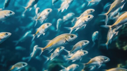 Obraz premium Hypnotic shoal: Silver fish schooling in cerulean ocean depth for migration