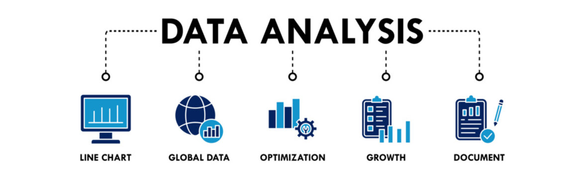 Data Analysis banner web icon illustration concept with icon of line chart, global data, optimization, growth, and document