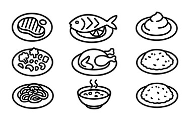 Food and cuisine outline icons set &ndash; line style culinary, gastronomy, and dining symbols for culinary designs: steak, fish, dessert, shrimp, chicken, rice, pasta, soup.