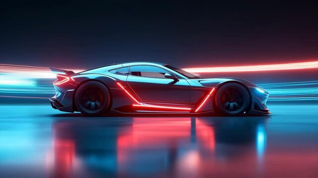 Sleek sports car with neon lights speeding through a futuristic cityscape
