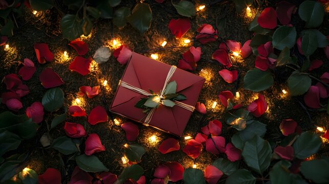 A red gift box on moss surrounded by red rose petals and string lights creating a romantic scene