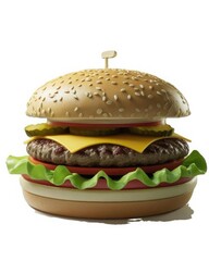 Realistic 3D CGI Cheeseburger with Sesame Bun and Toppings on White Background