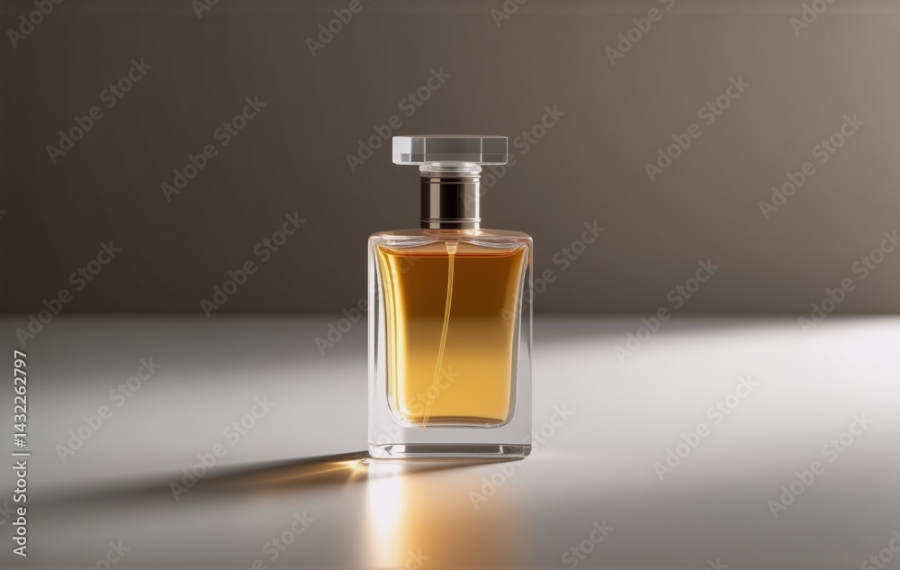 Poster A rectangular glass perfume bottle with amber liquid sits on a reflective surface, illuminated by a soft light, casting a subtle shadow.  The simple design emphasizes the elegant fragrance within.