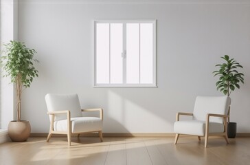 Minimalist room interior featuring two white armchairs with light wood frames, potted plants, and a bright window.  Sunlight streams across the light wooden floor.
