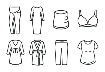 Fototapeta premium Maternity wear outline icons set – linear style fashion, pregnancy, and clothing symbols for stylish moms: dress, leggings, bra, robe, t-shirt, pants, skirt, top