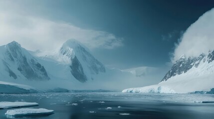 Serene Antarctic landscape with glaciers, ice floes and snow-capped mountains