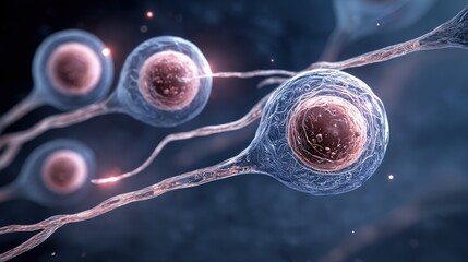 A close-up view of biological cells, showcasing their structure and movement in a dark, elegant background, emphasizing cellular biology.