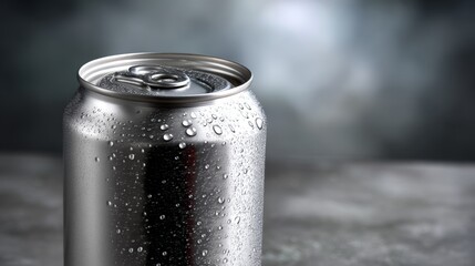 Metallic Silver Soda Can with Condensation Droplets on Gray Background
