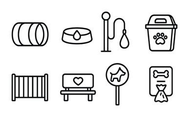 Pet care and accessories linear icons set – outline style for animal supplies, grooming, and pet safety: food bowl, leash, toy, kennel, litter box, dog sign, poop bag.