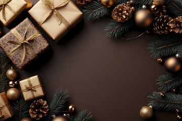 Festive frame with wrapped gifts, golden Christmas ornaments, pine cones and evergreen branches on dark brown background, copy space in center for text.