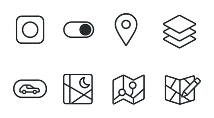 Navigation and ui outline icon set – linear style for maps, apps, and interface design: location pin, layers, toggle, navigation map, car route, geo-marker, map editing.