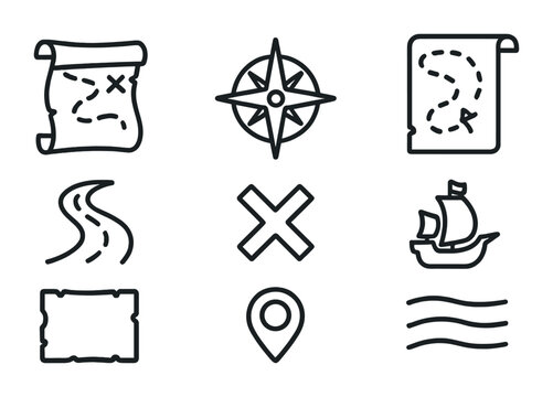 Treasure hunt outline icons set – linear style pirate adventure, map navigation symbols for exploration: map, compass, ship, treasure chest, path, location, waves.