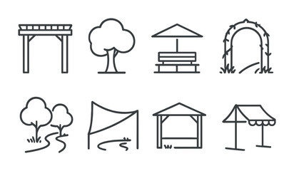 Garden and landscape outline icon set – linear style nature, design, and decor symbols for outdoor spaces: arbor, tree, bench, arch, path, gazebo, pergola, canopy.