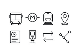 Urban transportation outline icons set – linear style commuting, city transit, and public transport symbols: bus, metro, train, location pin, timetable, ticket machine, route, network.