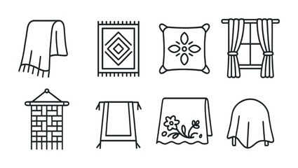Home decor outline icons set – linear style interior design and decoration elements for house styling: towel, rug, pillow, curtain, wall hanging, blanket, tablecloth.