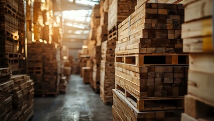 Stacked wooden planks and lumber materials in warehouse storage facility with warm sunlight streaming through, creating atmospheric industrial environment.