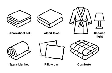 Hotel room essentials icon set – line style hospitality, accommodation, and travel tools: clean sheet, folded towel, robe, bedside light, spare blanket, pillow pair.