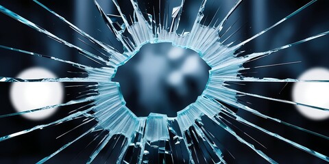 Close-up image of shattered glass with a large hole in the center, symbolizing destruction, vulnerability, danger, security breach, and broken barriers in a dark environment

