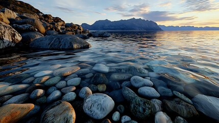 Dramatic coastal landscape with smooth stones and boulders along rocky shore at sunset, mountain silhouettes on horizon, calm ocean water reflecting golden light.