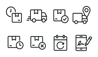 Delivery and shipping outline icon set – linear style logistics, package, and online tracking symbols: delivery truck, package, location pin, calendar, digital signature