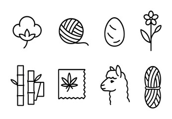 Fototapeta premium Eco-friendly textile icons – outline style natural fiber, sustainable fashion, and organic materials symbols: cotton, yarn, silk, hemp, bamboo, wool, alpaca, linen.