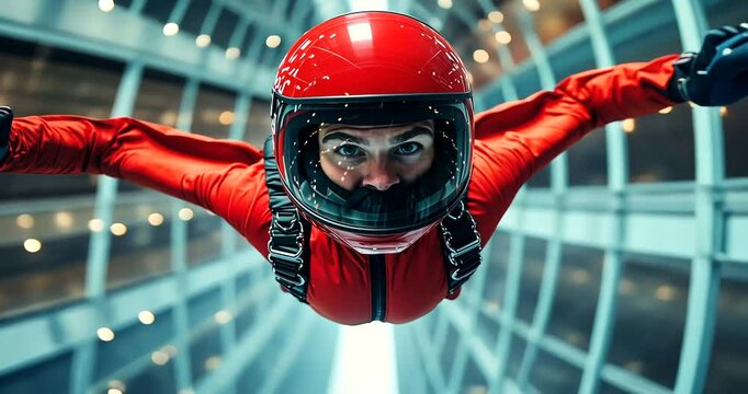 Skydiver in a wind tunnel wearing a red suit, showcasing the thrill of indoor skydiving