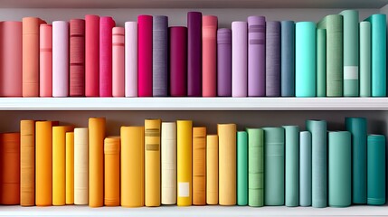 Colorful books arranged in rainbow spectrum order on white shelves creating ombre effect from pink to turquoise and yellow to green tones. For interior design and education.